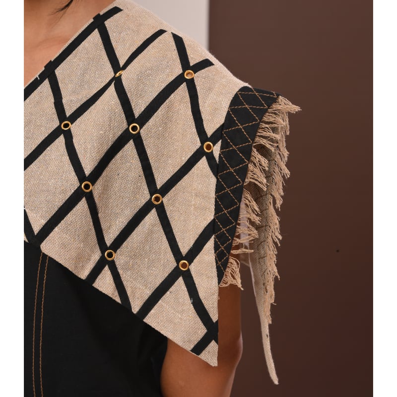Black and Beige Geometric Cape Overlay Button-Front Top