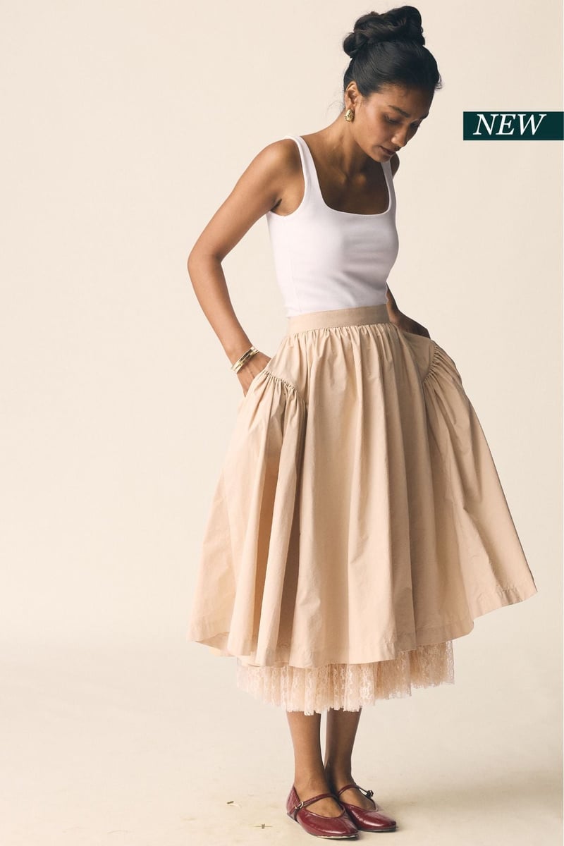 Beige Layered A-Line Midi Skirt with Lace Hem — Unrush