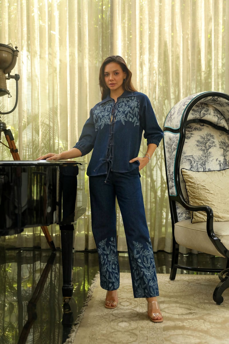 Dark Blue Denim Co-ord Set with Lace-Up Top and Wide-Leg Pants