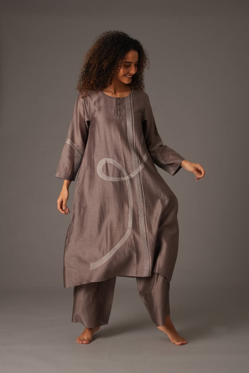 Greige Chanderi Silk Embroidered Kurta Pant Set