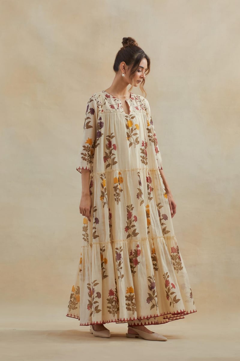 Beige Cotton Chanderi Three-Tiered Kurta Set
