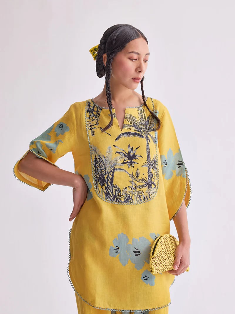 Yellow Gauze Linen Floral Printed Kurta Set with Salwar
