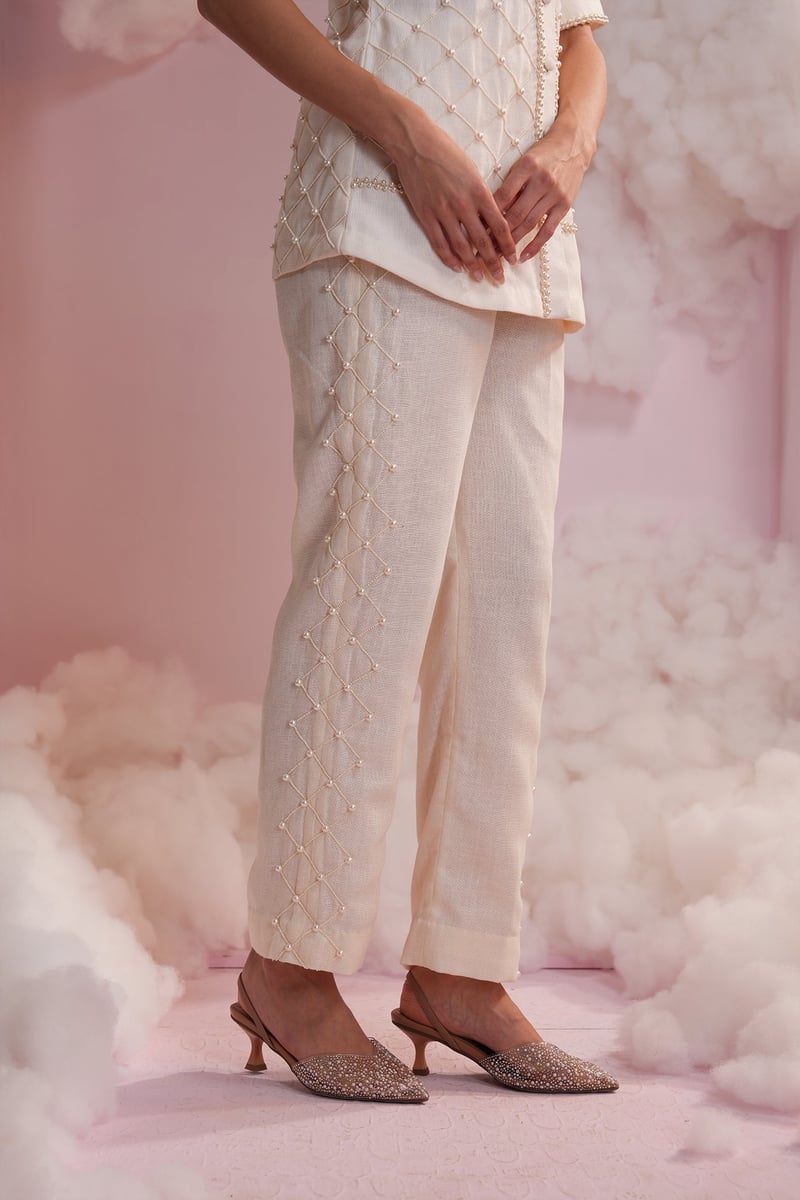 Cream Pearl Lattice Shirt and Pants Co-ord Set