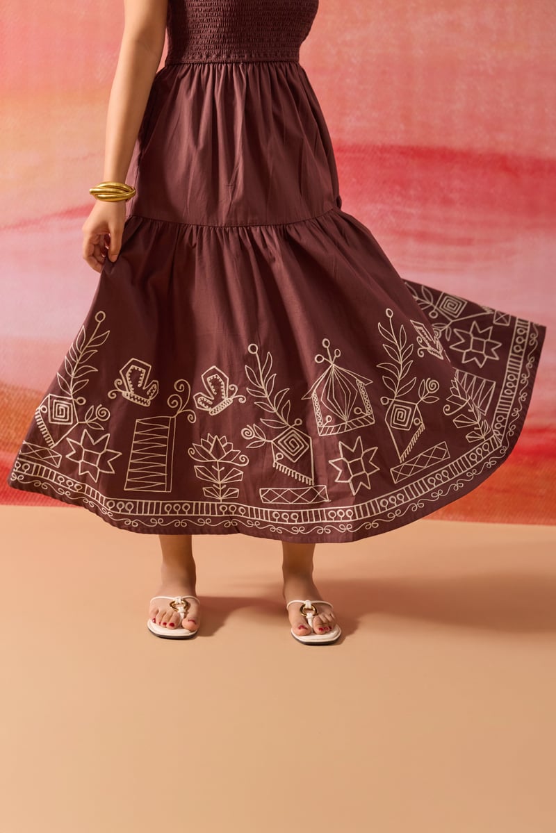 Brown Smocked Tiered Midi Dress with Embroidered Hem