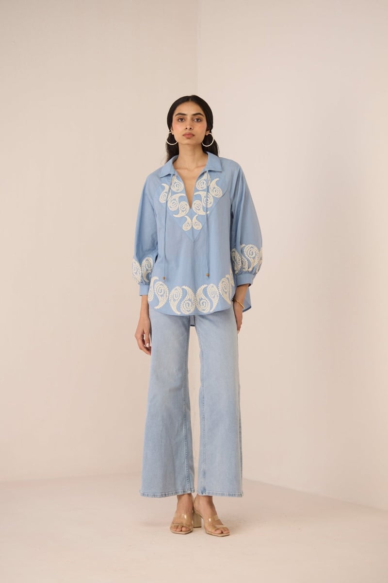 Dusty Blue Cotton Embroidered Oversized Blouse