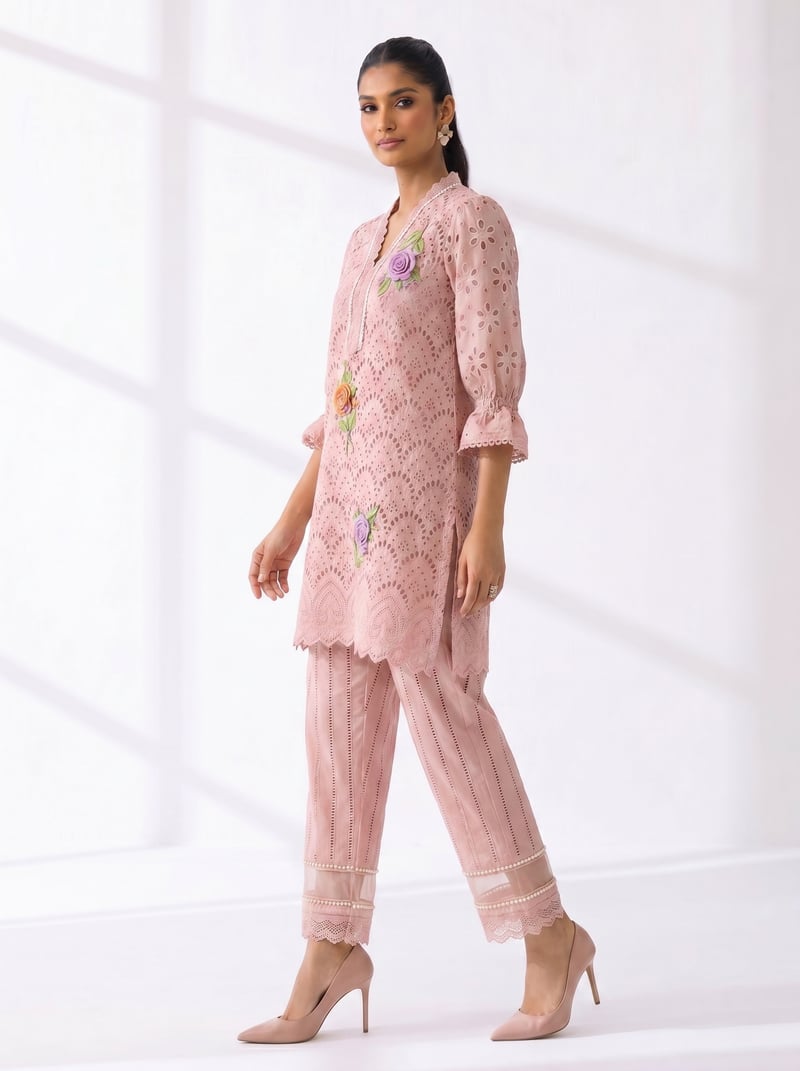 Pink Cotton Cutwork Kurta Set with Floral Embroidery