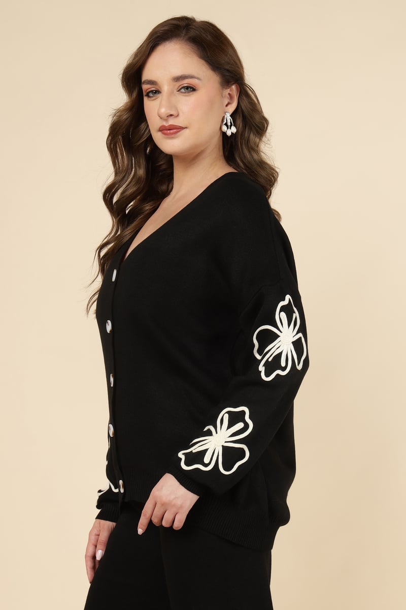 Black Knit Button-Front Top and Wide-Leg Pants Co-ord Set