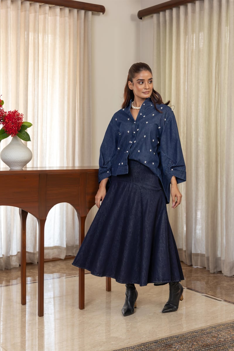 Dark Blue Denim Boxy Shirt with Pearl Accents