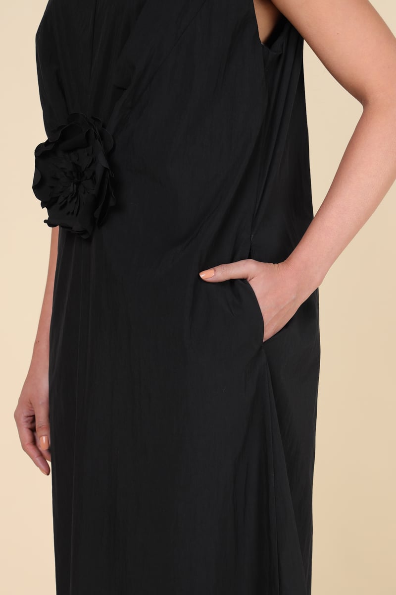 Black High Neck Sleeveless Midi Dress with Waist Rosette