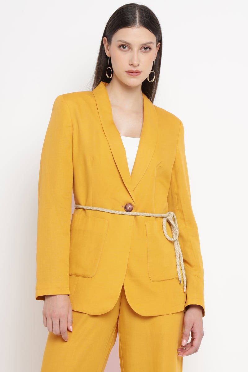 Yellow Single-Button Belted Tailored Blazer