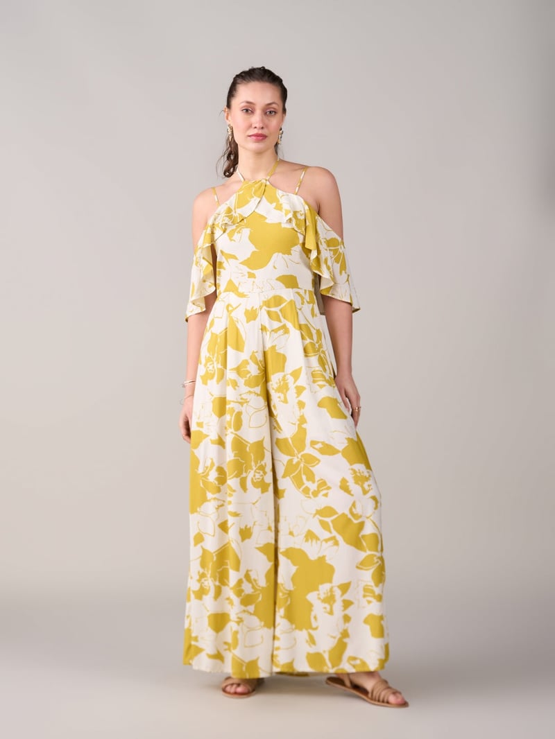 Yellow Floral Halter Neck Cold-Shoulder Wide-Leg Jumpsuit