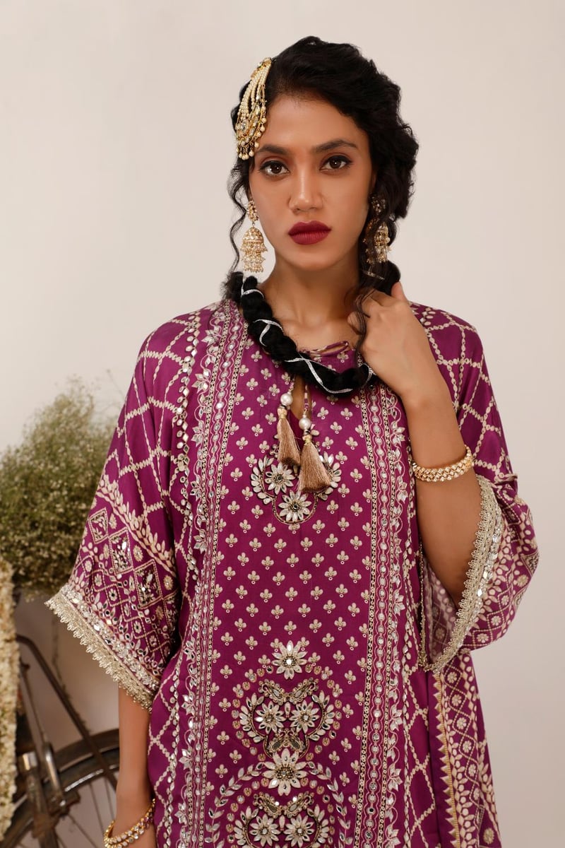 Purple Kaftan and Mustard Gharara Co-ord Set
