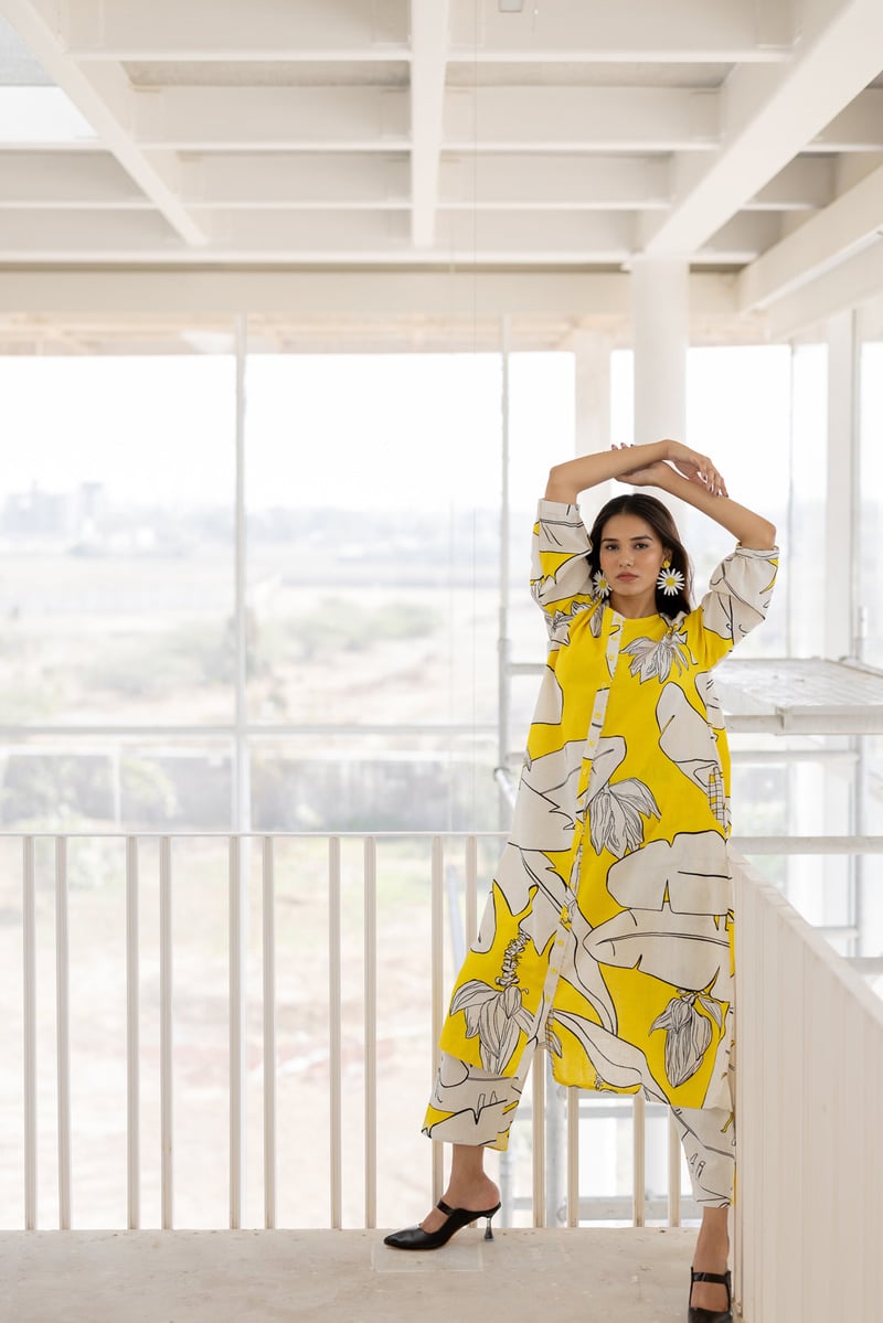 Yellow Banana Leaf Print Button-Down A-Line Kurta Set
