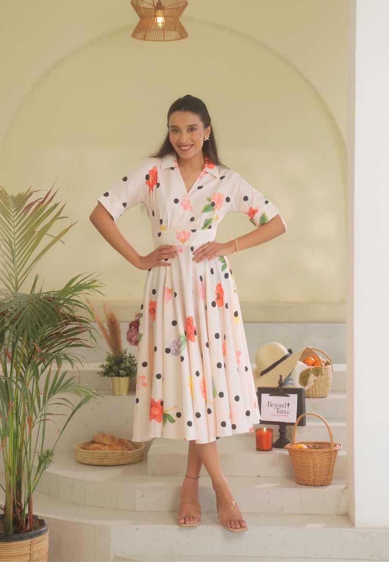 White/Multicolor Collared Fit and Flare Midi Dress