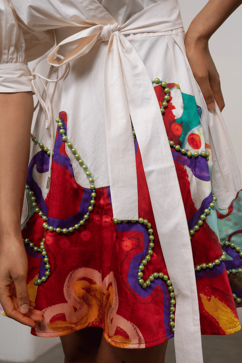 White Wrap Mini Dress with Patchwork Appliqué and Tie Belt