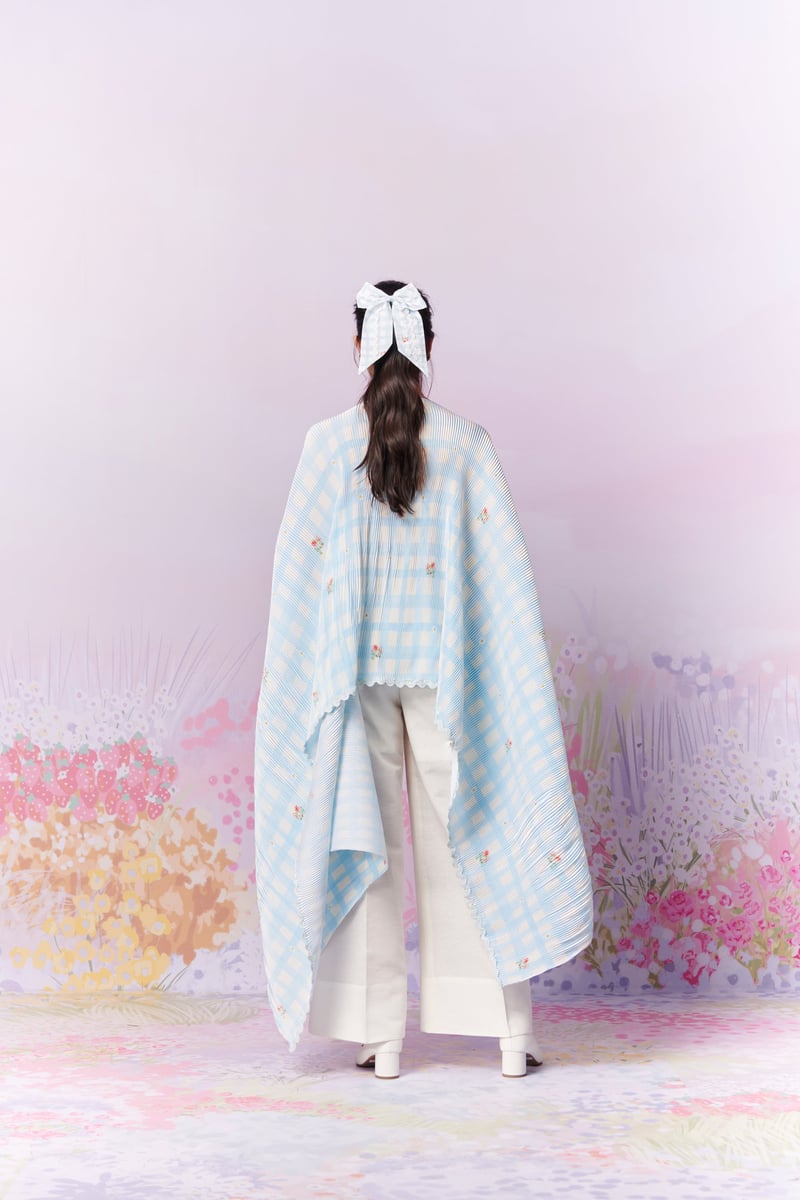 Blue/White Gingham Pleated Cape Overlay