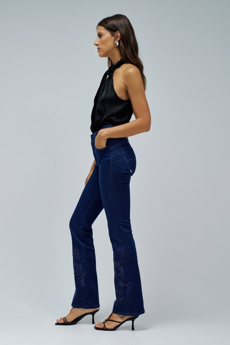 Blue High-Rise Bootcut Jeans with Embellished Hem