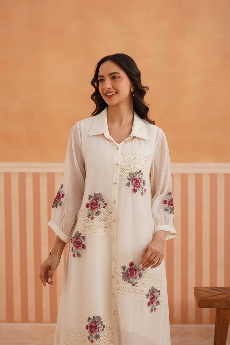 Off White Sheer Chanderi Shirt Kurta Set with Lace Panels