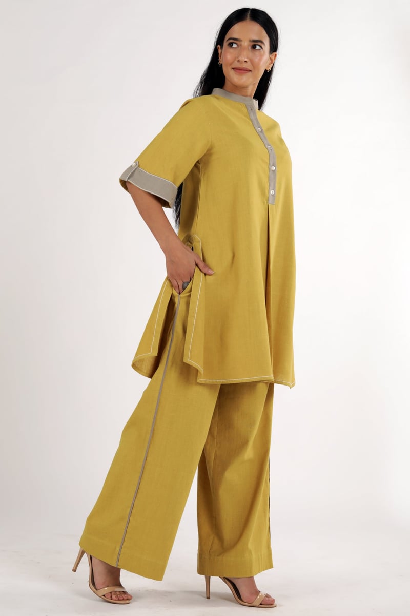 Ochre Mandarin Collar Tunic and Tapered Pants Co-ord Set