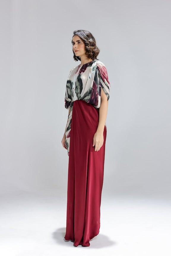 Beige Floral Draped Maxi Gown with Contrast Panel