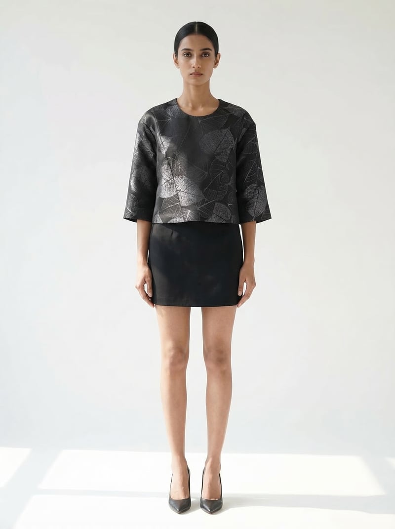 Grey/Black Leaf Jacquard Boxy Crop Top — KIHIKI