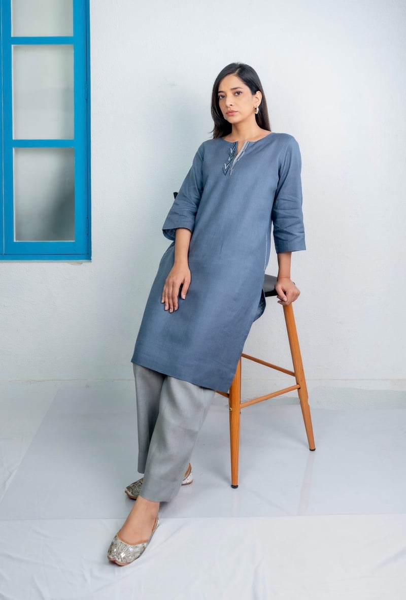Space Blue-Grey Linen Kurta Set with Grey Pants
