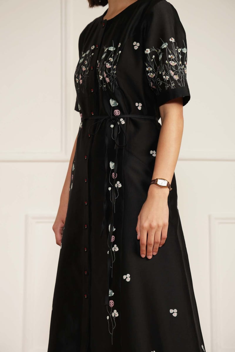 Black Silk Chanderi Floral Print A-Line Midi Dress