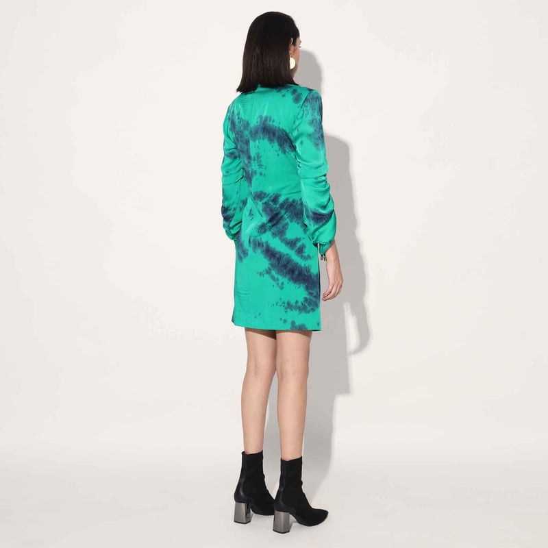 Green Tie-Dye Satin Wrap Jacket Dress