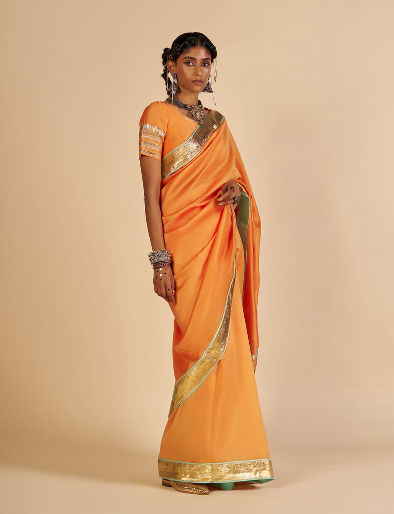 Orange Silk Chanderi Saree with Aqua Pallu and Gota Border