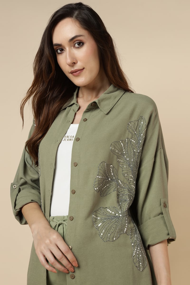 Green Longline Shirt with Sequin Foliage Motif