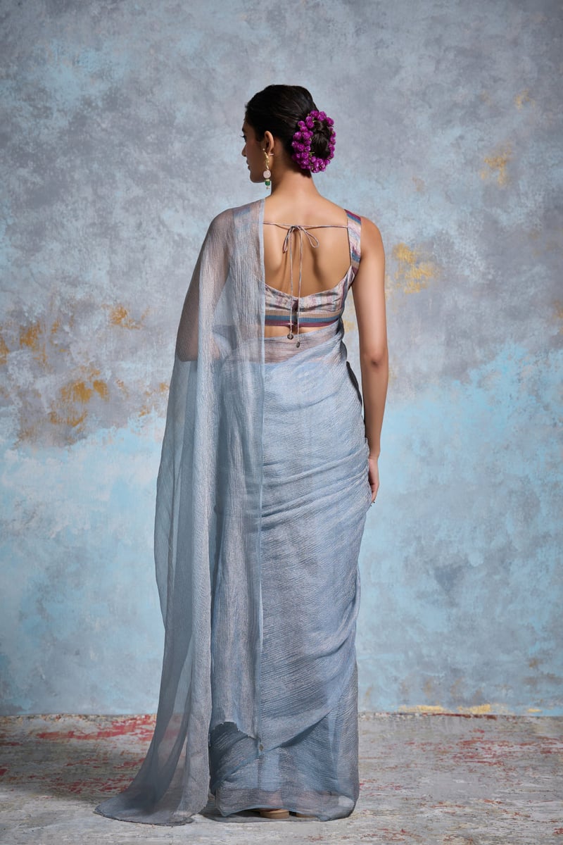 Blue Crinkle Tissue Saree with Silver Zari Sheen