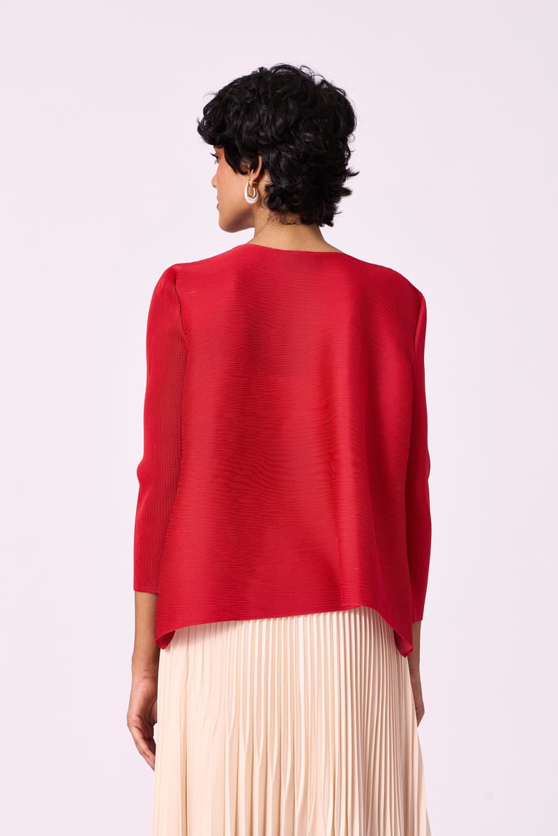 Red Pleated Floral Button-Down Shirt with Pearl Accents