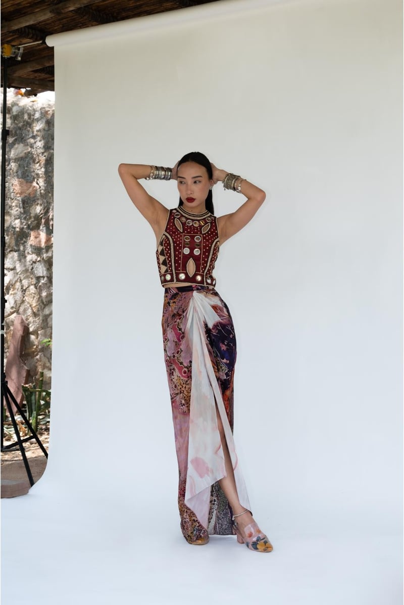 Merlot Embellished Crop Top and Printed Drape Skirt Set