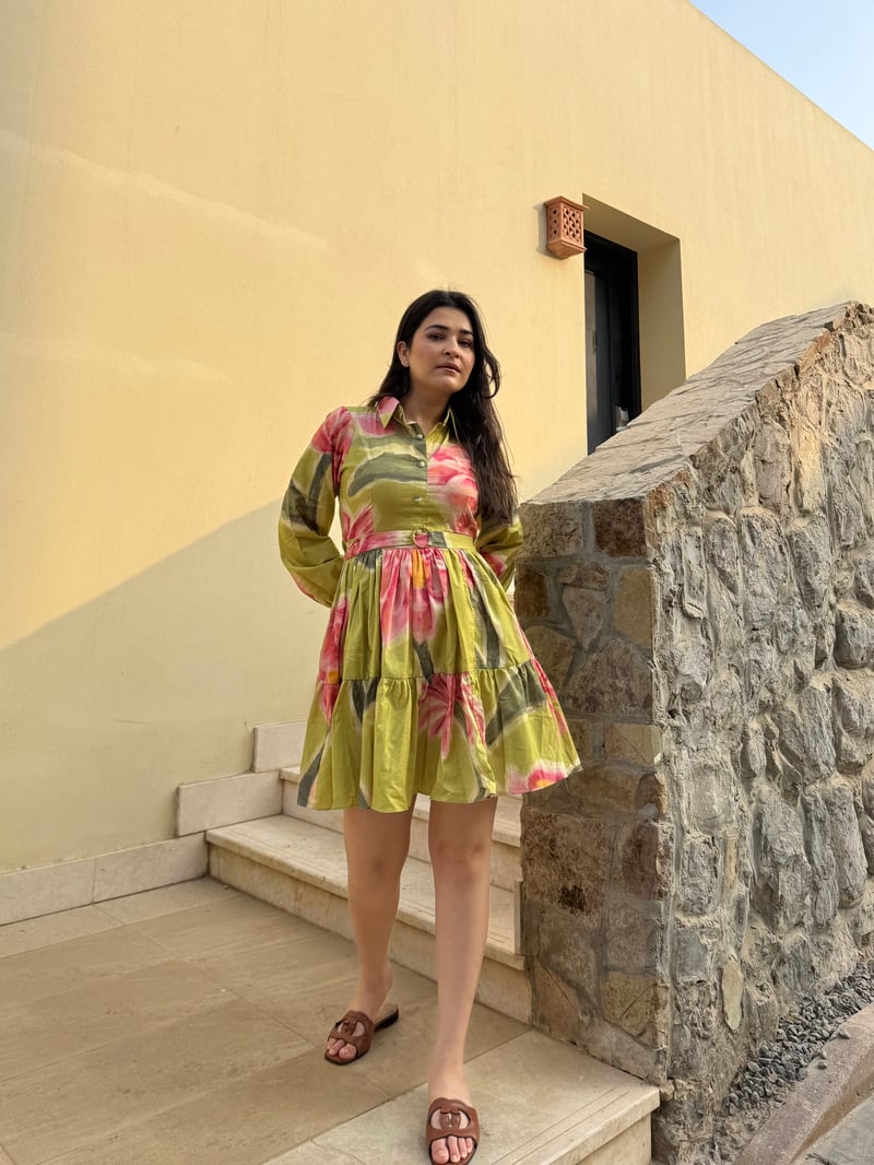 Olive/Pink Floral Mini Shirt Dress with Self Belt