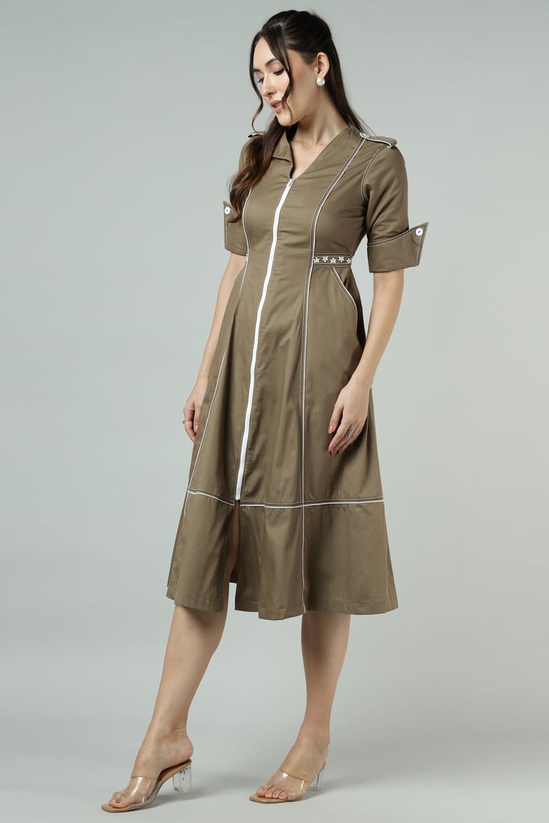 Mushroom Denim Fit and Flare Midi Dress with Front Zip