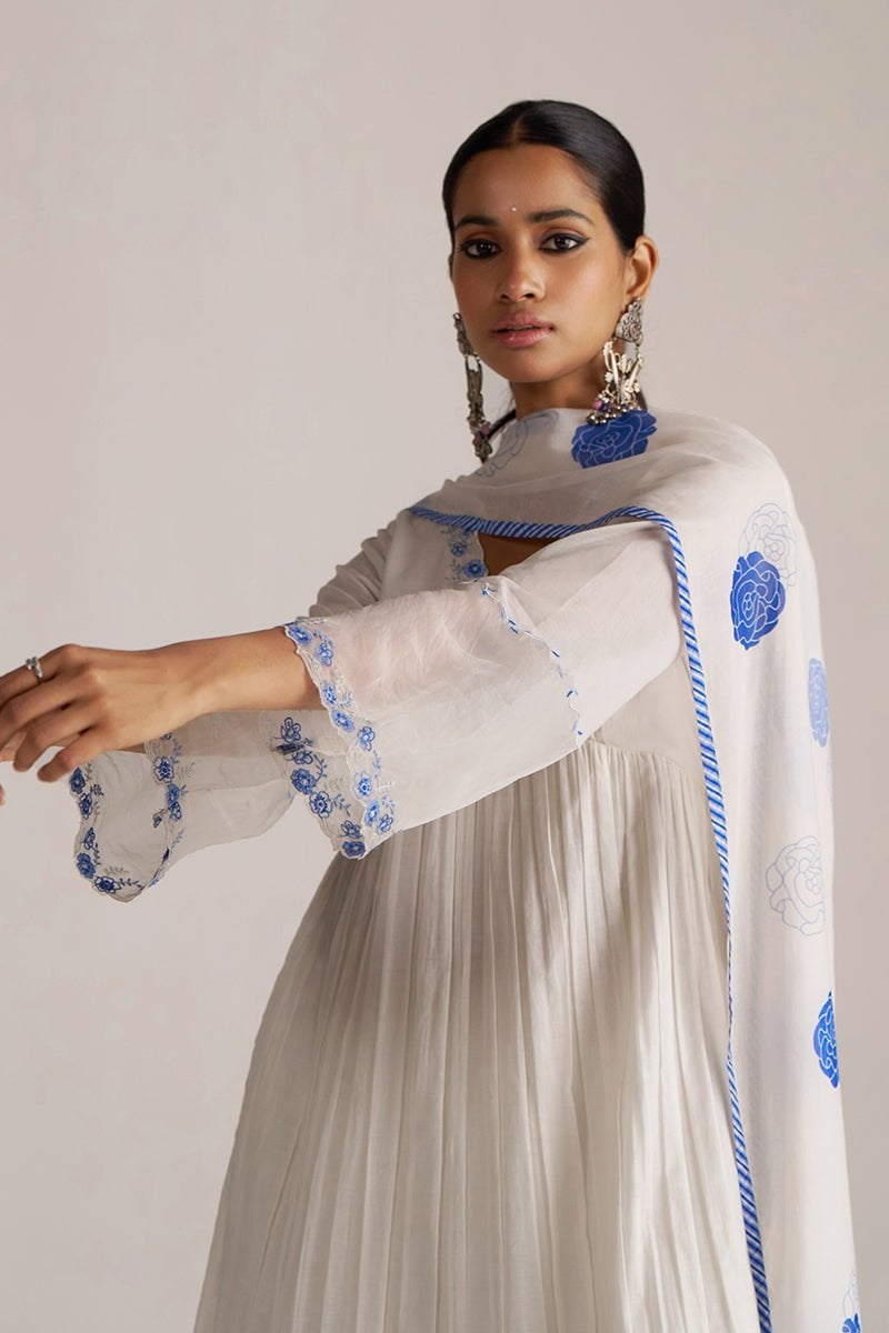 Marshmellow and Cobalt Blue A-Line Chanderi Kurta Set