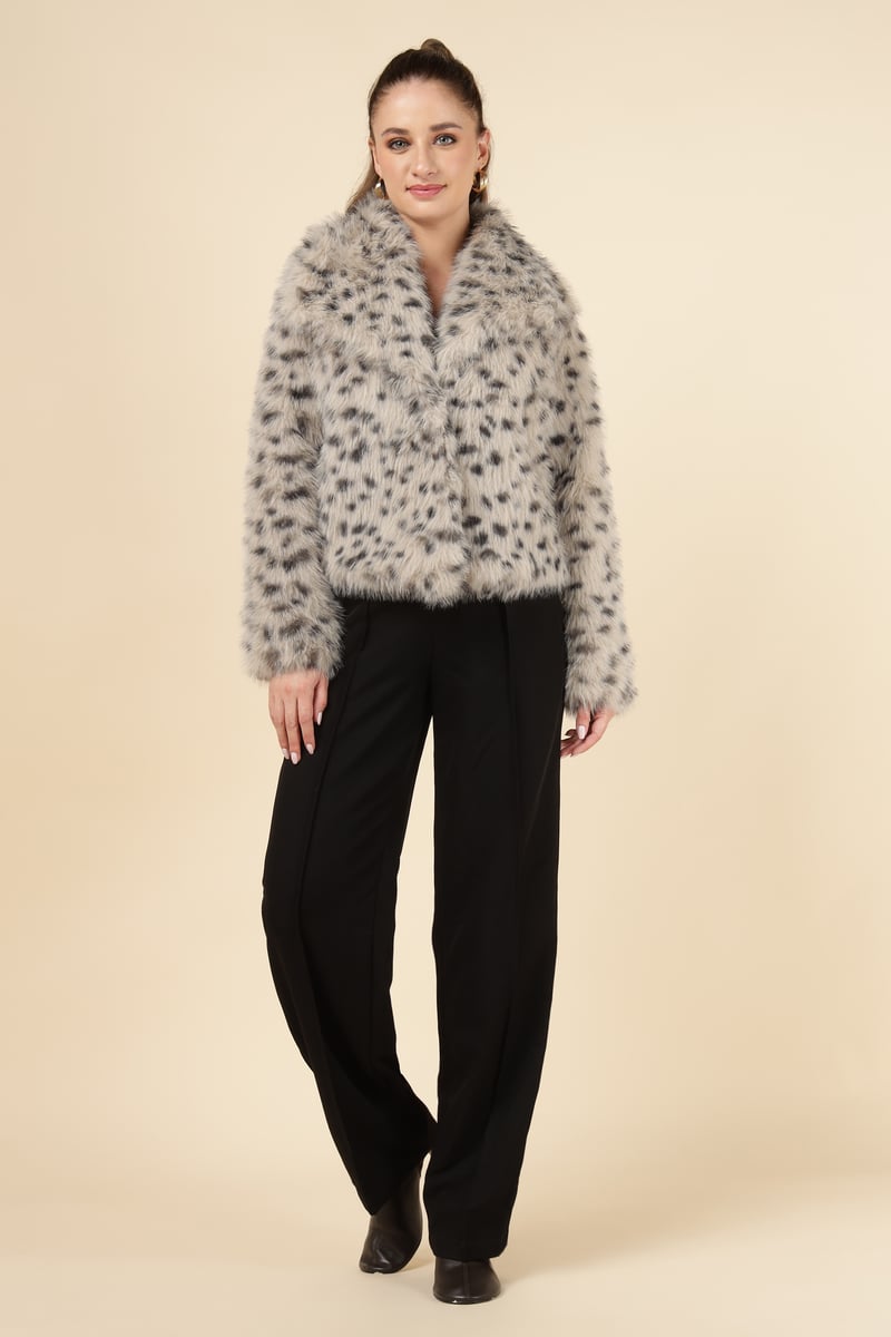 Beige Leopard Faux-Fur Cropped Jacket