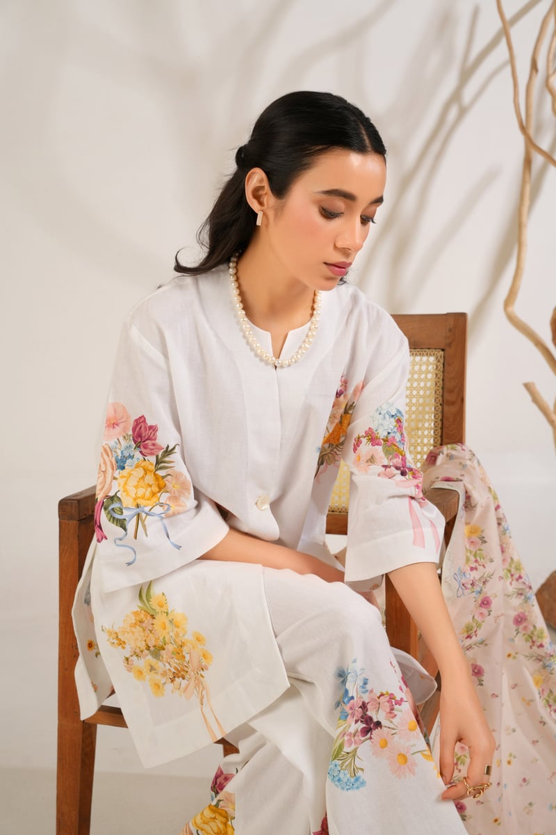 White Floral Printed Kurta Shirt and Trouser Set