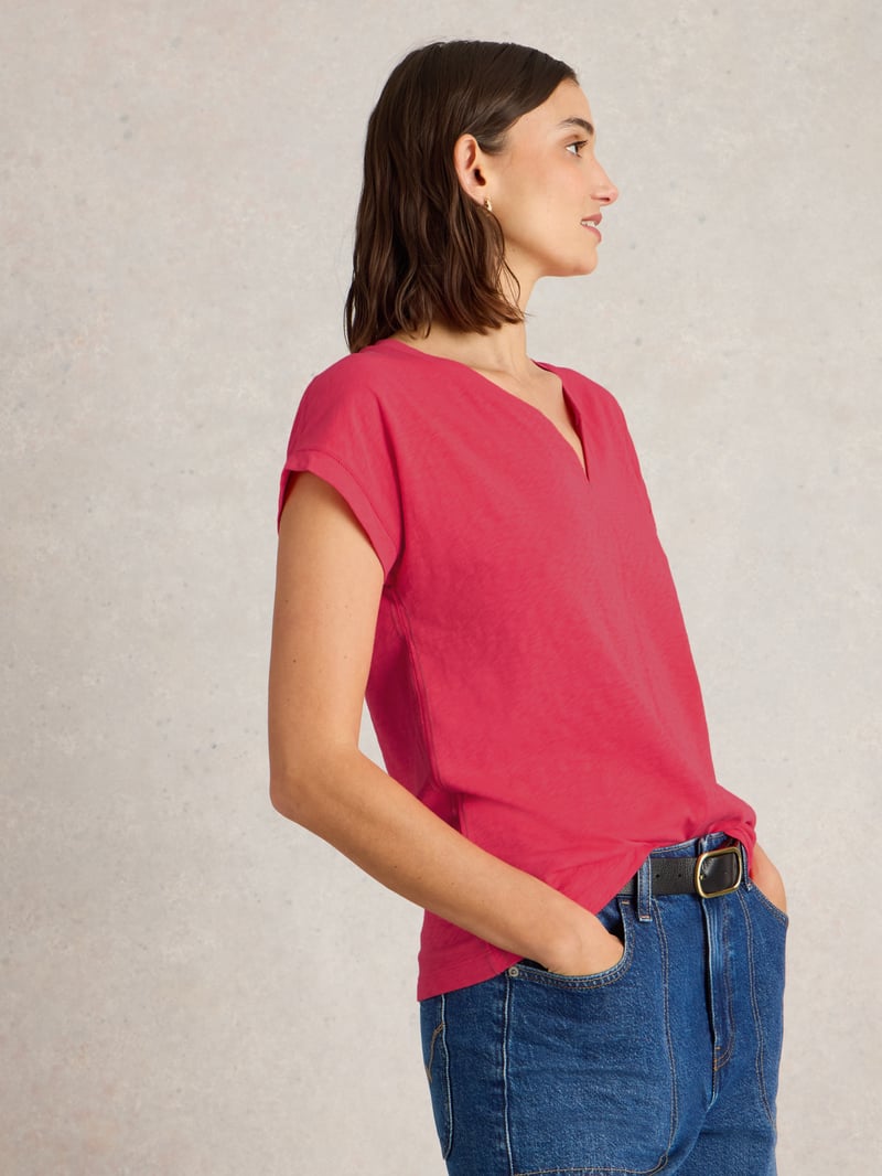 Bright Pink Notch V-Neck Cotton Jersey T-Shirt
