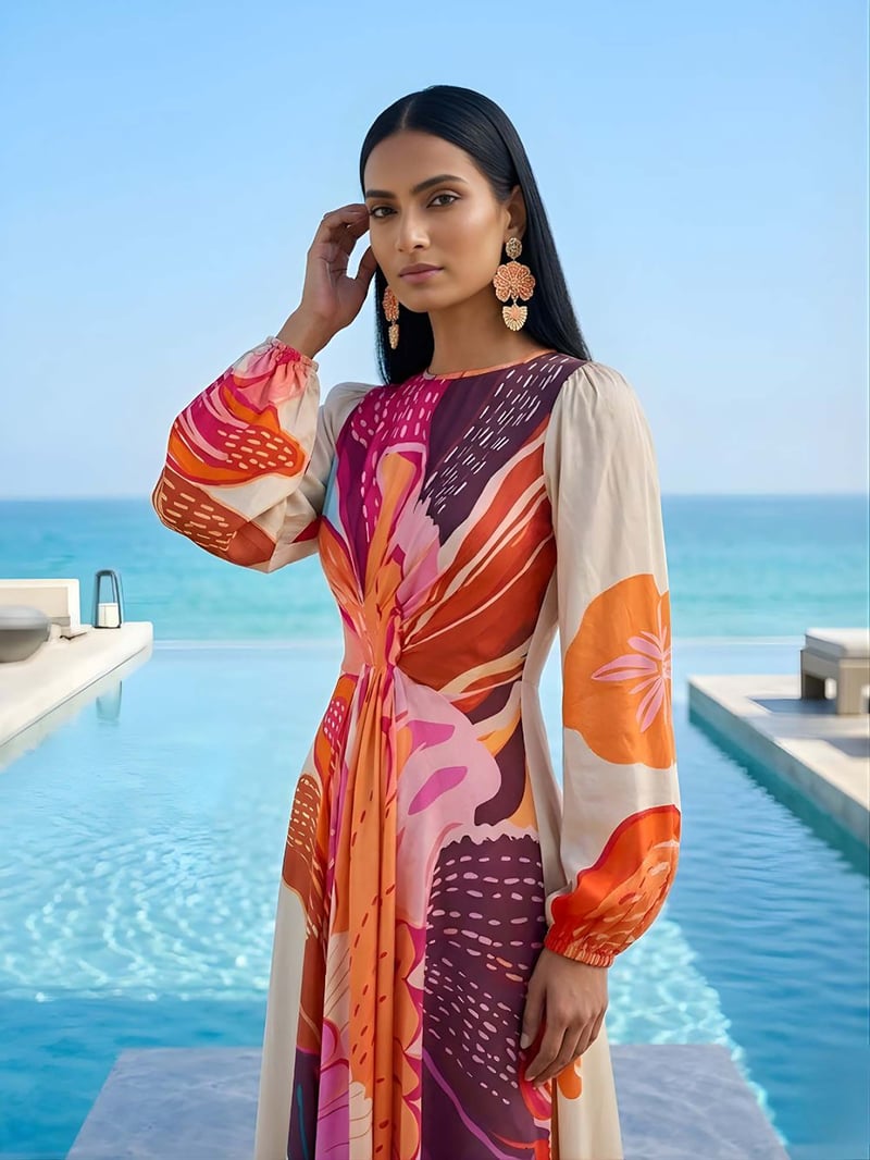 Multicolor Floral Printed Bemberg Silk Midi Dress