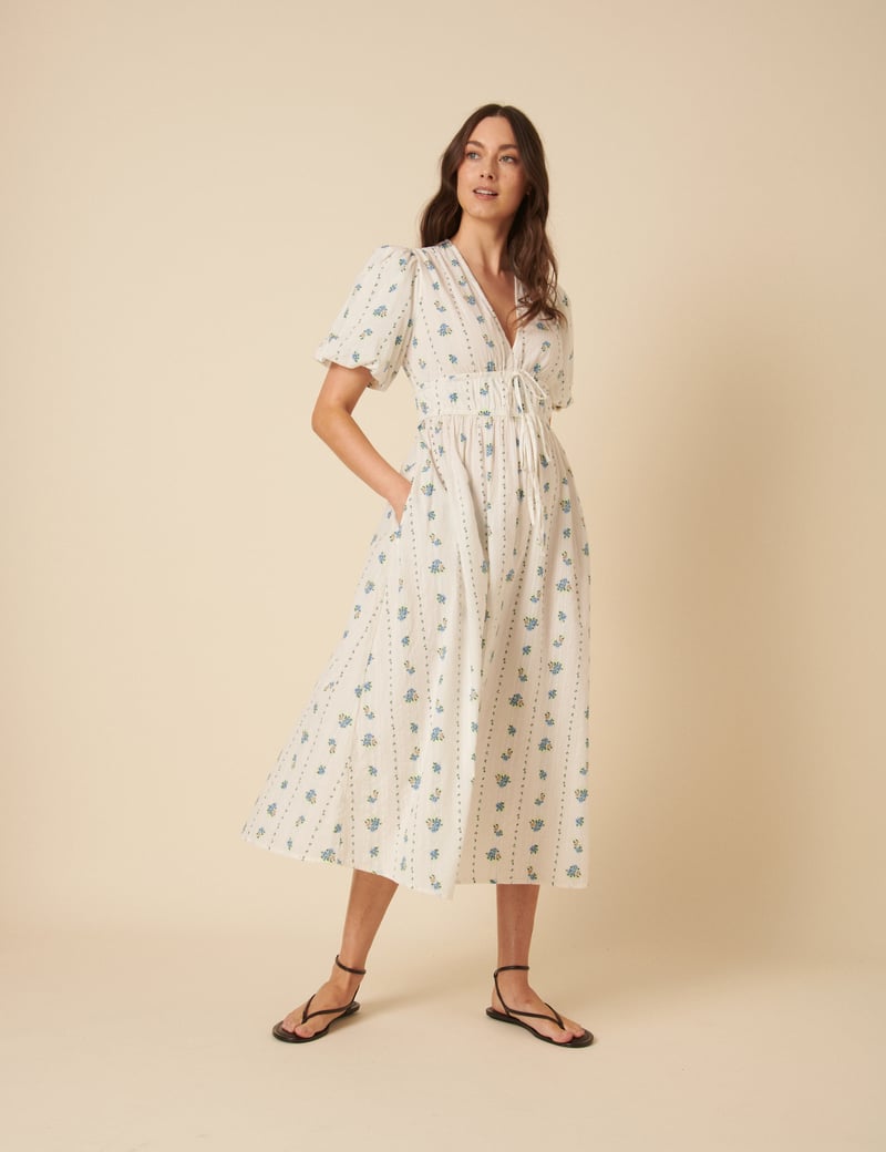 White Floral Fit and Flare Midi Dress with Puff Sleeves