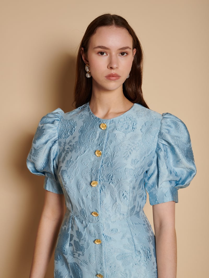 Blue Floral Jacquard Puff Sleeve Mini Dress