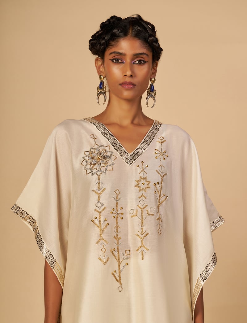 Off White Silk Chanderi Kaftan with Gota and Sequins