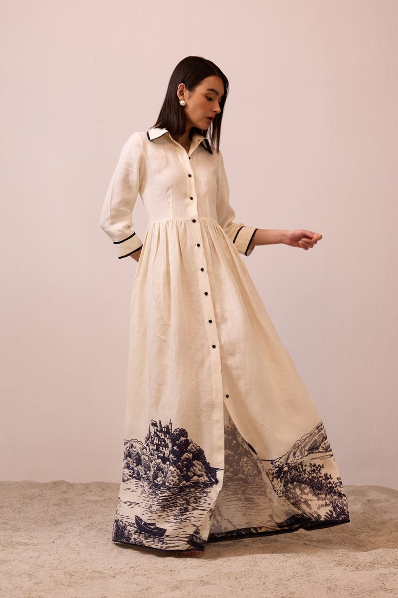 Apricot Linen Maxi Shirt Dress with Landscape Hem Print