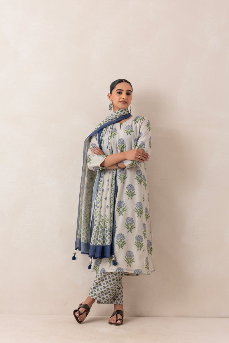Grey and Blue Floral Buta Printed Kurta Set with Dupatta