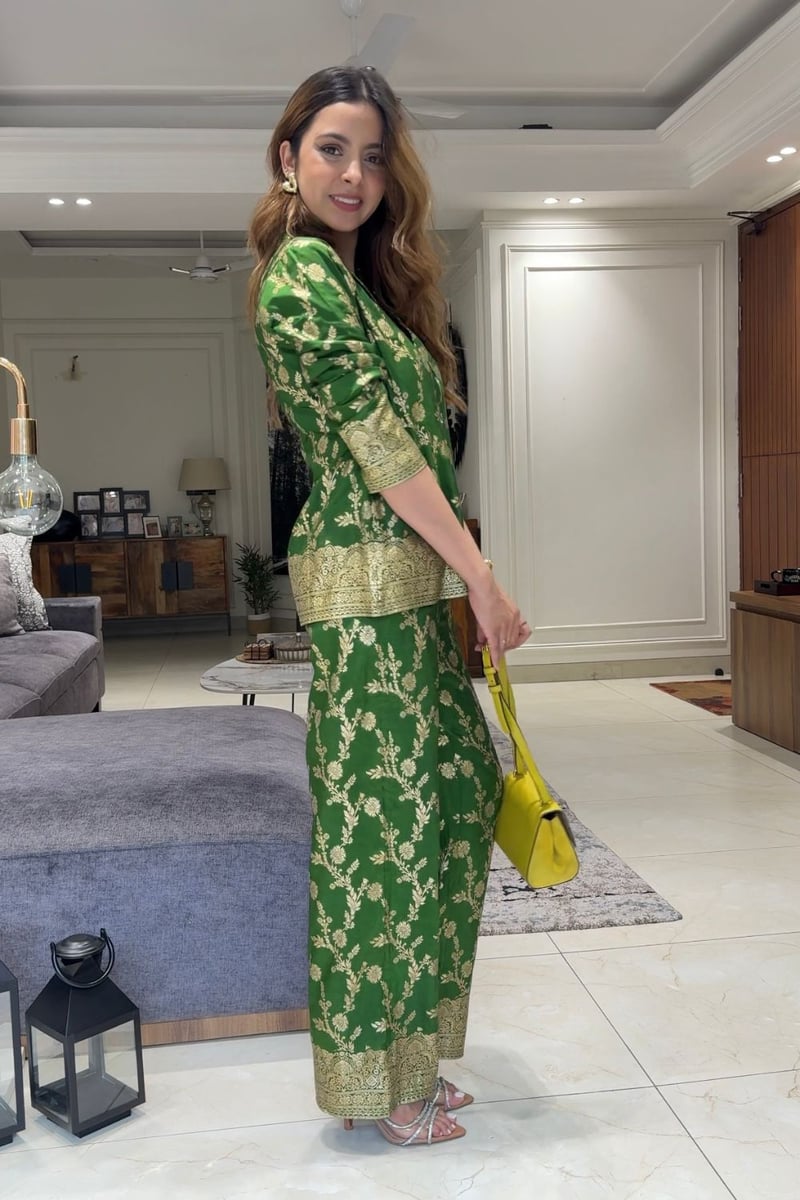 Green Brocade Floral Co-ord Set with Gold Border