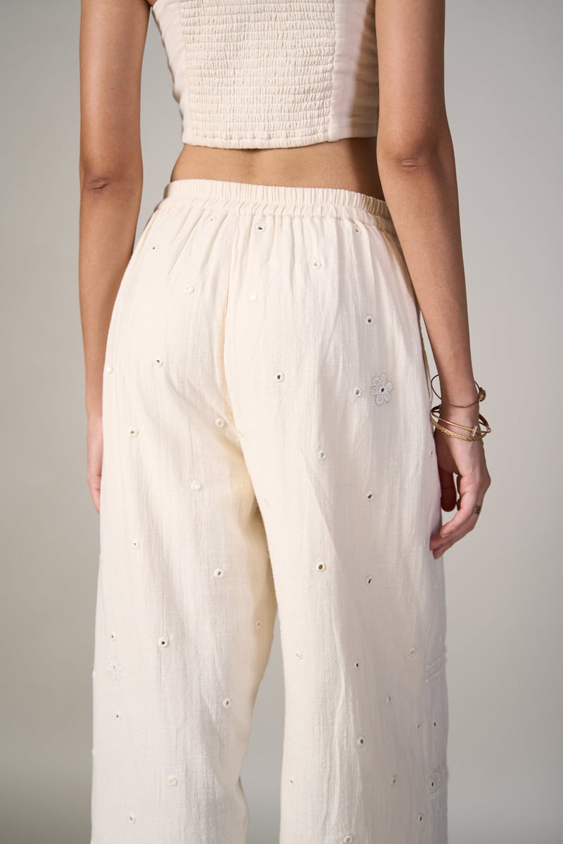 White High-Waist Wide-Leg Mirror Work Pants