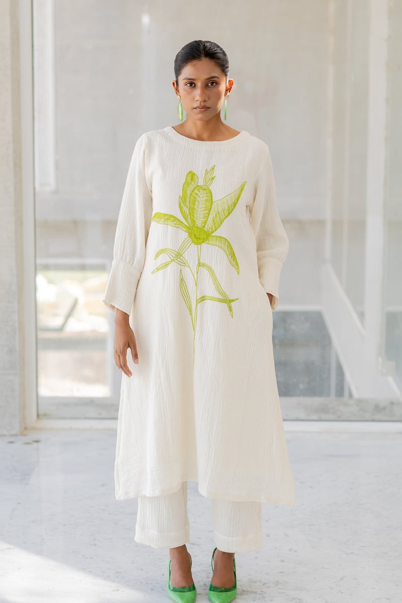 White Cotton Embroidered Kurta Set with Pants