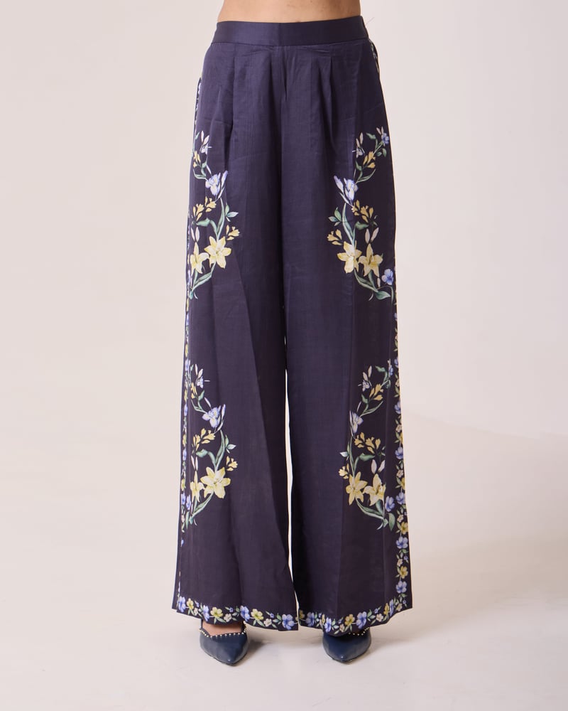 Navy Placement Floral Wide-Leg Trousers — Needle Ten