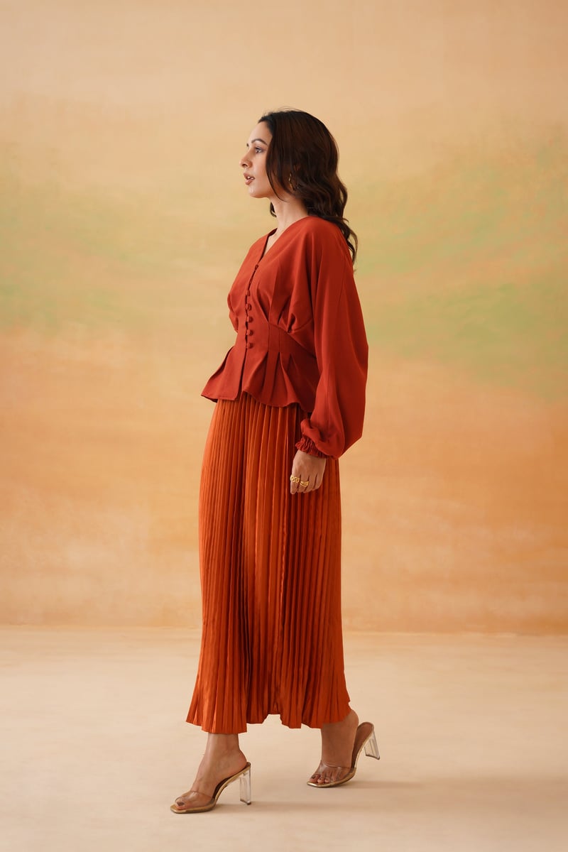Rust V-Neck Button-Front Top and Pleated Maxi Skirt Set